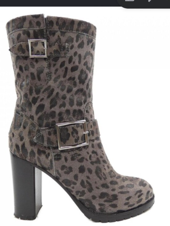 Jimmy Choo Shoes - Jimmy Choo Gray Leopard-Print Mid-Calf Heeled Boots Size 36.5